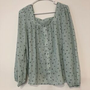 LOFT Mint Floral Button-Up Blouse Medium
